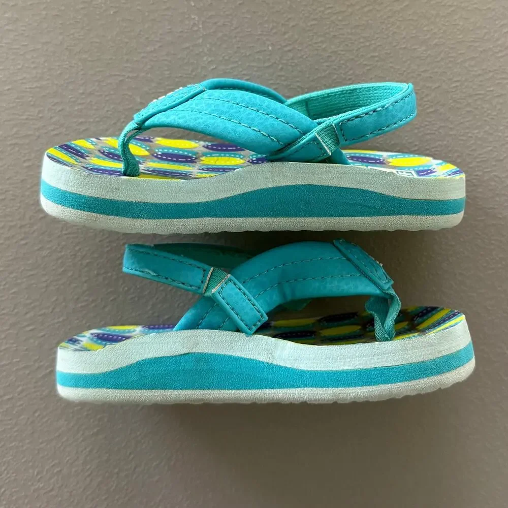 Reef Little Ahi Kids Flip Flops Size 6 Teal Fish Pattern Sandals EUC